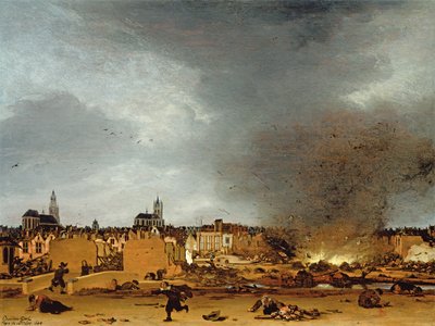 Een uitzicht op Delft met de explosie van 1654, 1654 door Egbert van der Poel